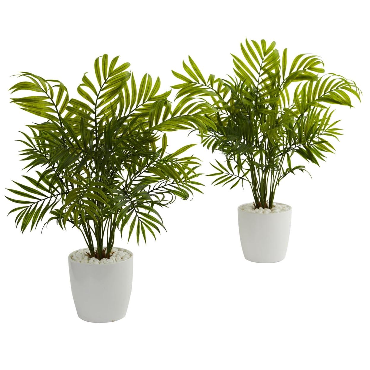 Vibrant Green Palm Leaves in White Planter Set of 2