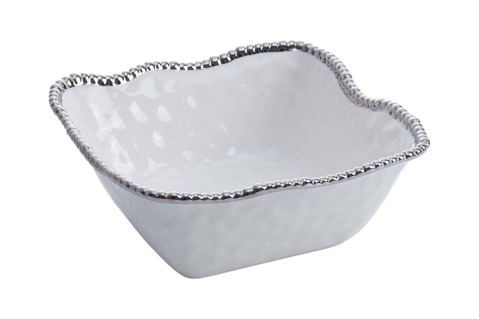 Large White and Silver Ceramic Square Salad Bowl