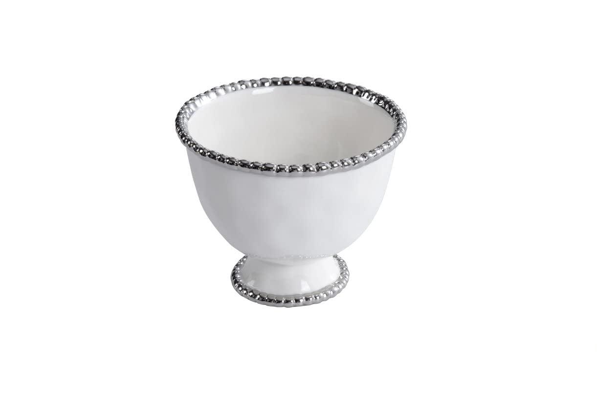 White and Silver Ceramic Footed Dessert Bowl