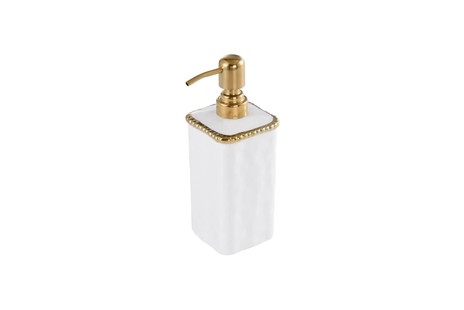 White Porcelain and Gold Beaded Soap Dispenser Pump