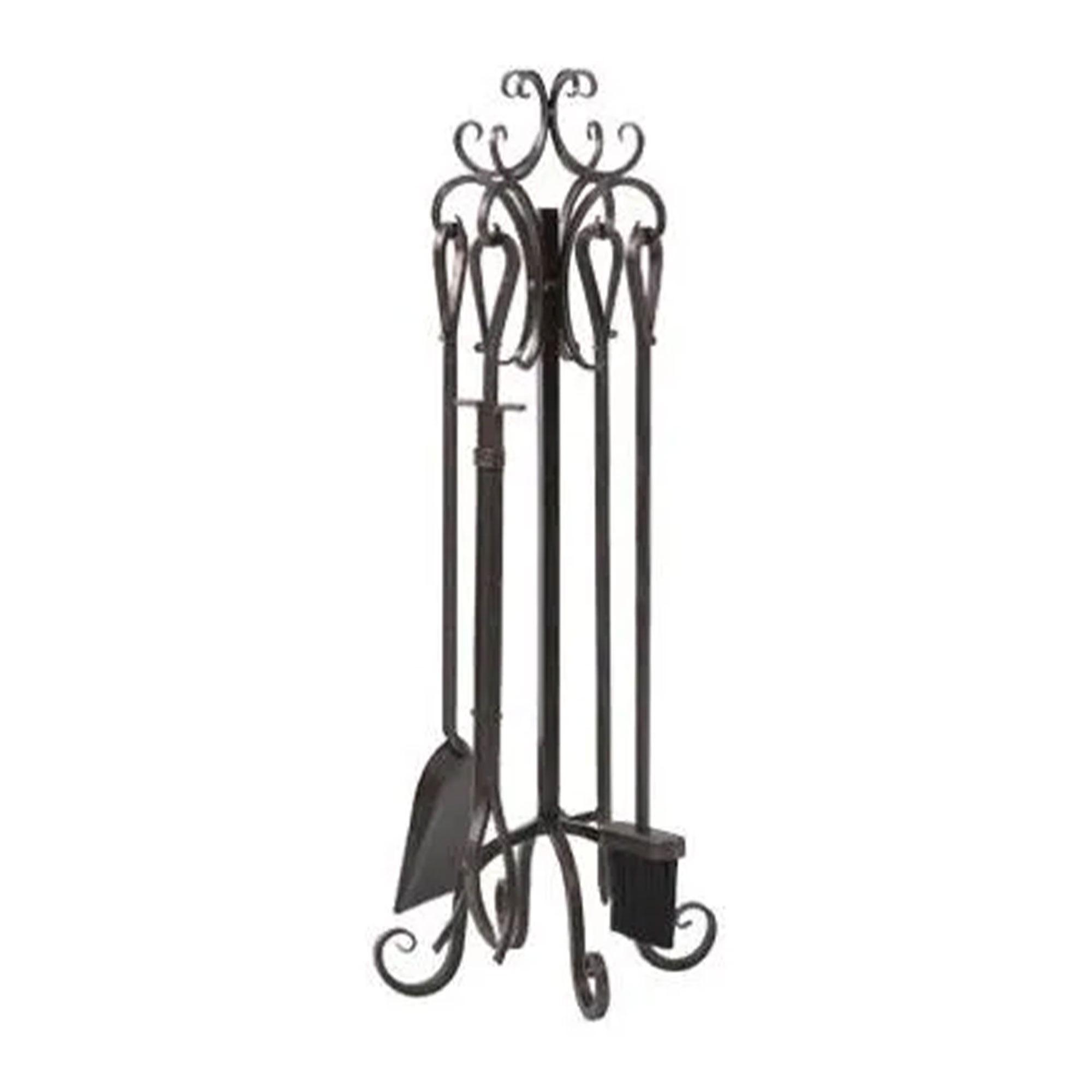 Panacea 5 Piece Powder Coated Steel Scroll Top Fireplace Accessory Tool Set with Brush, Tongs, Shovel, Poker, and Stand, Bronze