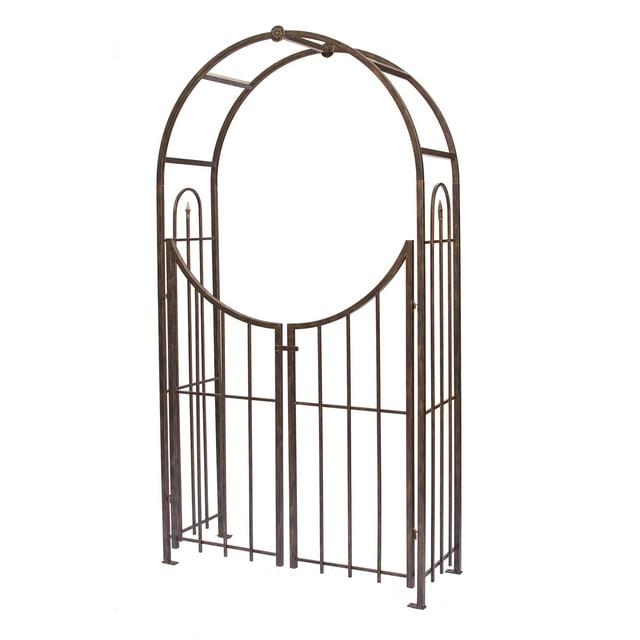 Panacea Arch Top Garden Arbor With Gate, Weatherproof Bronze Garden Arch Arbor, 90" Tall