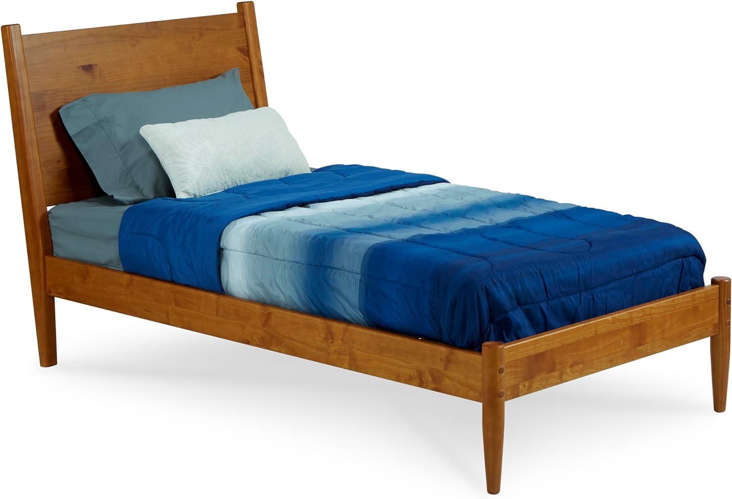 Castanho Teak Pine Twin Platform Bed with Wood Headboard