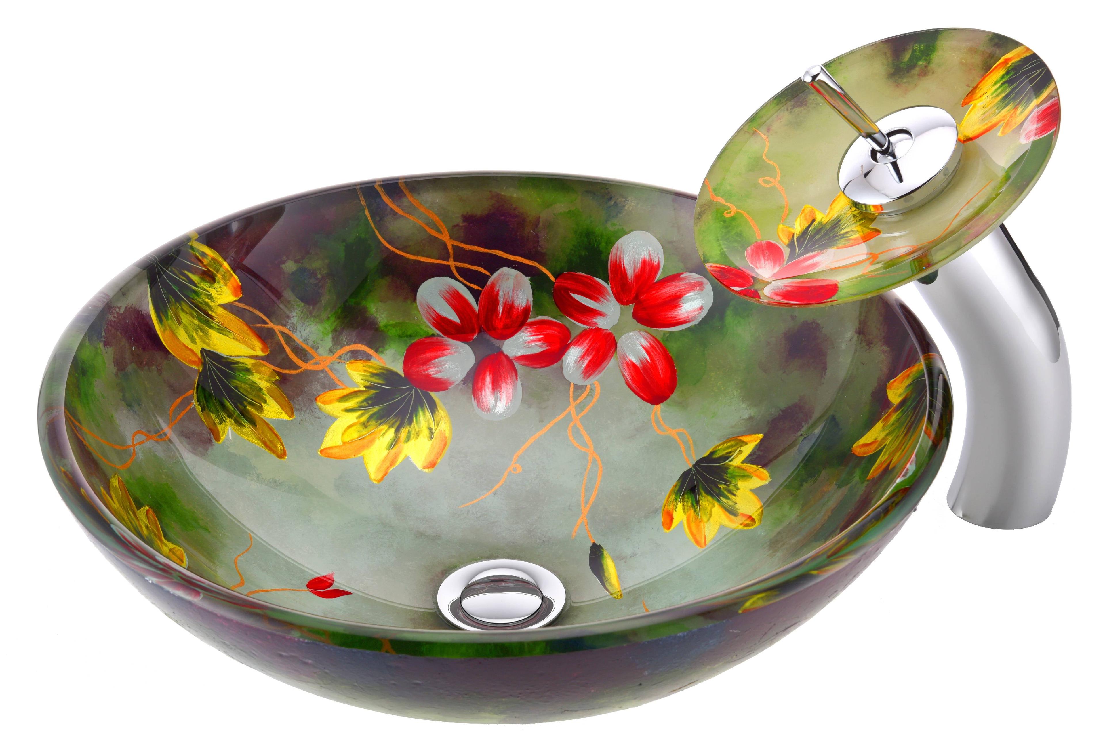 Hand-Painted Green Tempered Glass Circular Vessel Sink