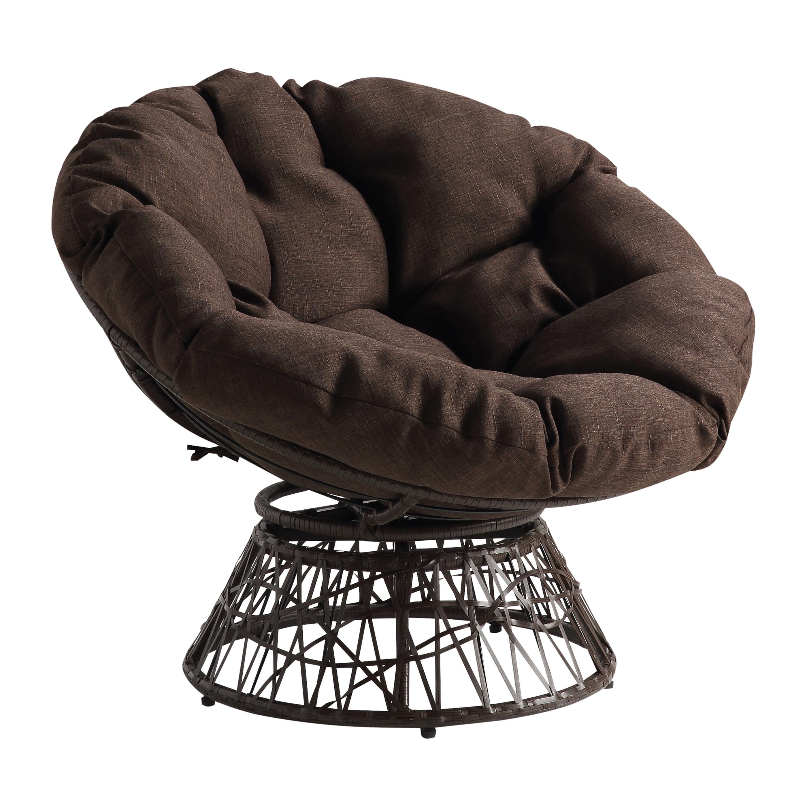 Papasan Chair with Brown Round Pillow Cushion and Brown Resin Wicker Weave