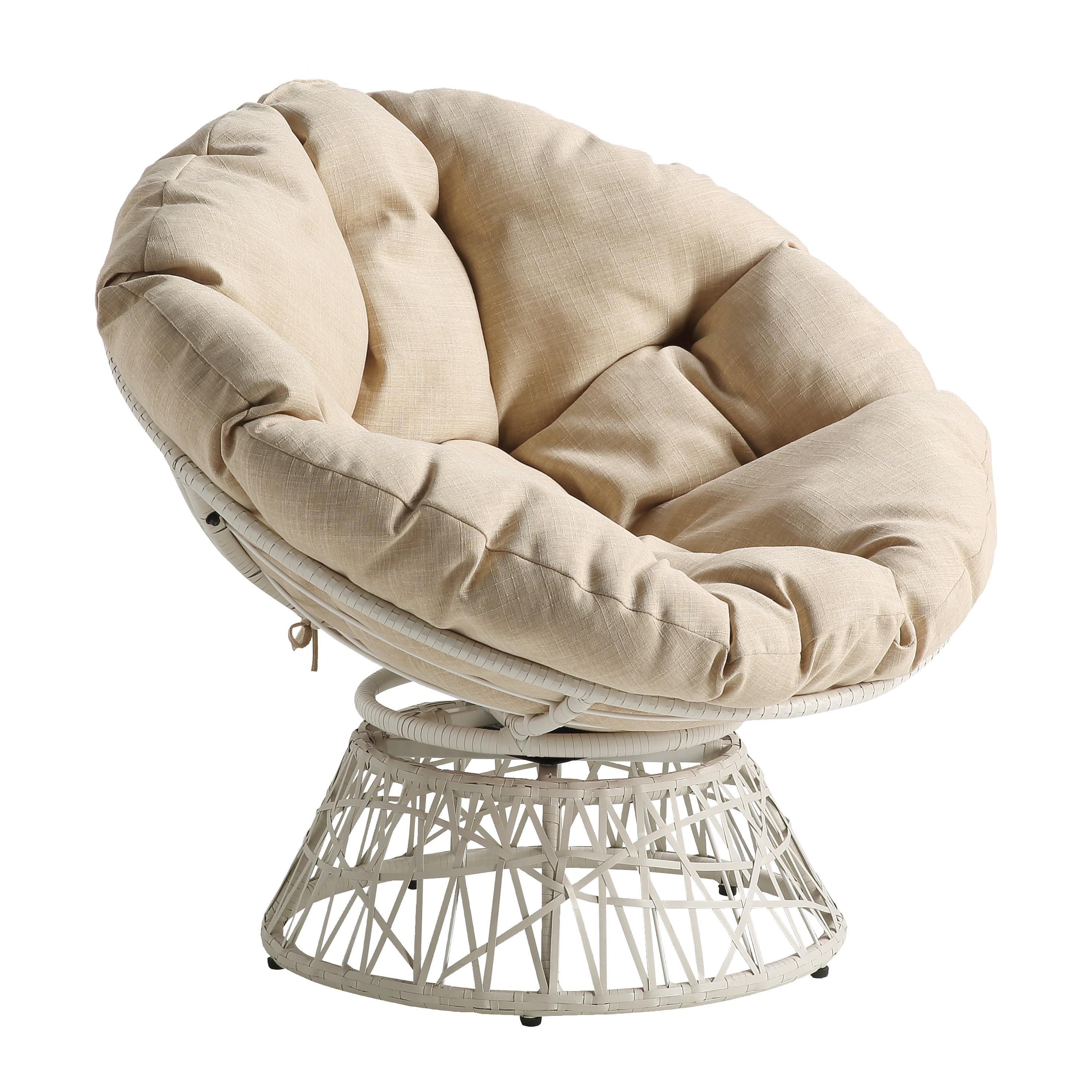 Papasan Chair with Cream Round Fabric Pillow Cushion and Cream Wicker Weave