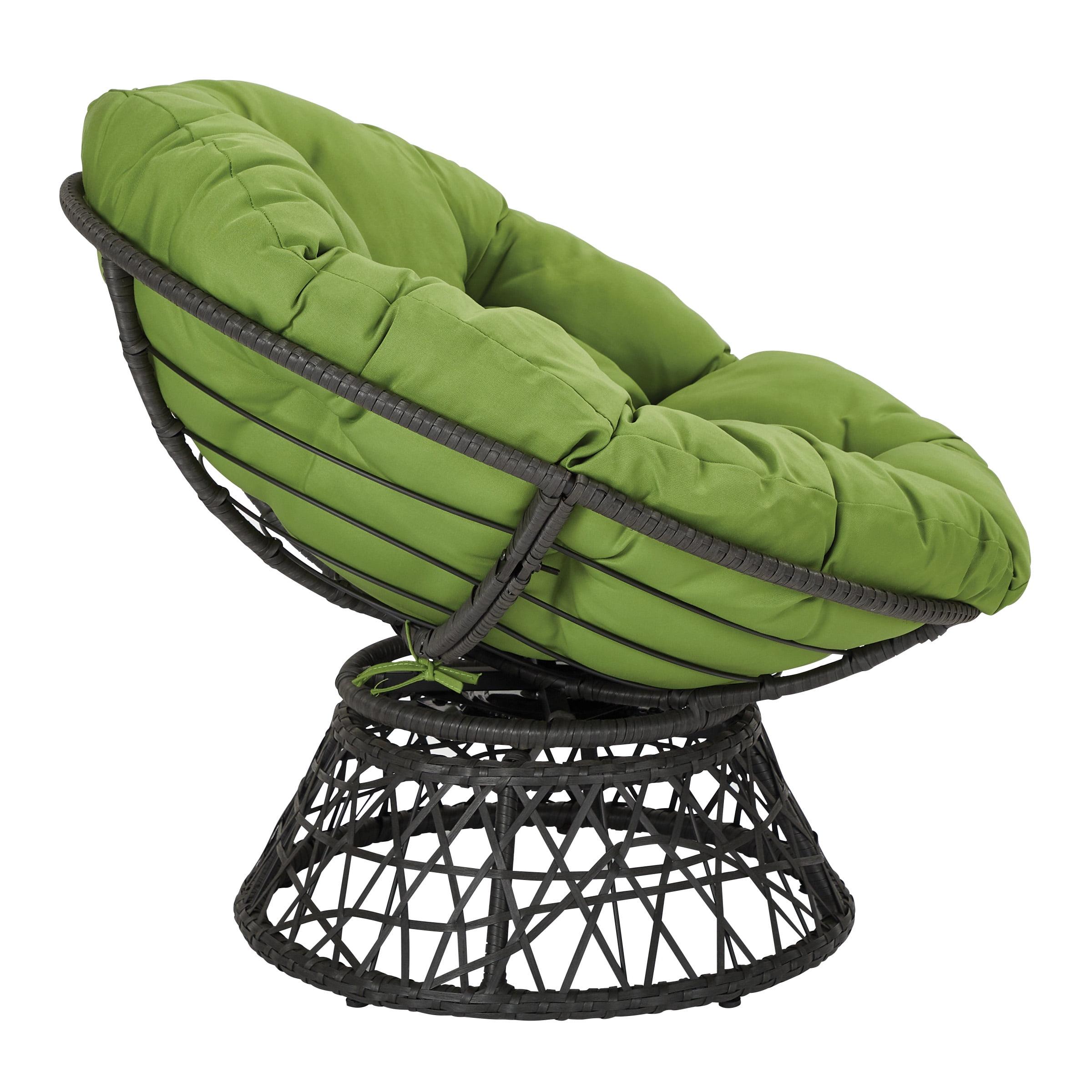 Papasan Chair with Green Fabric cushion and Black Resin Wicker Frame