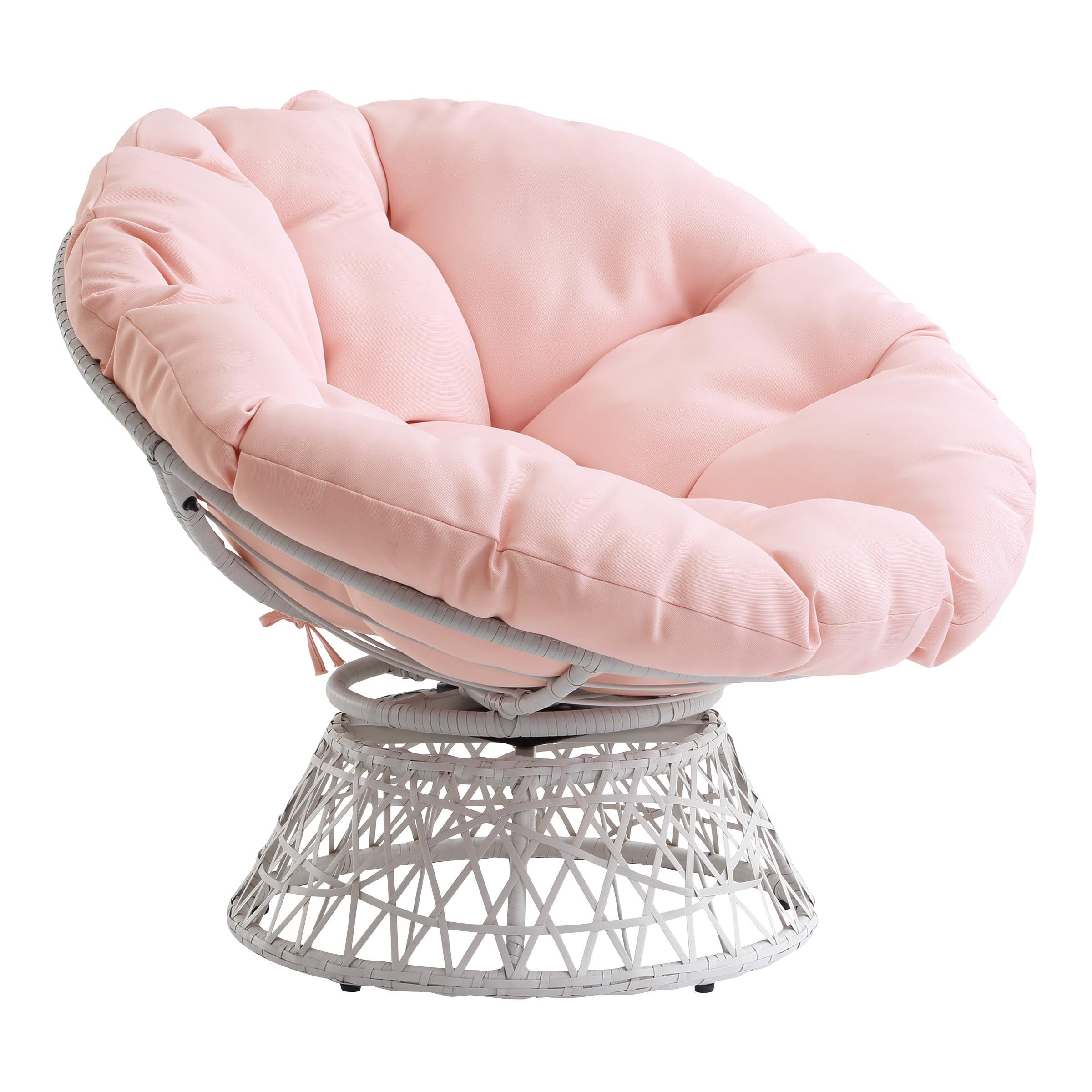 Papasan Chair with Pink Round Pillow Fabric Cushion and Cream Wicker Weave