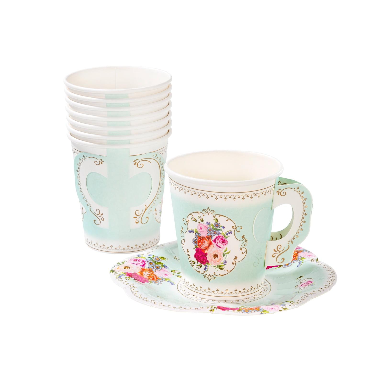 Mint Green Floral Disposable Tea Cups with Saucers, 12 Count