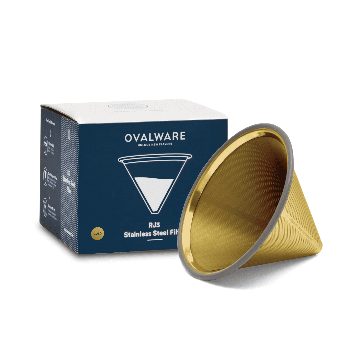 Paperless Stainless Steel Pour Over Coffee Filter – Reusable and Permanent Coffee Cone Dripper for Ovalware, Chemex, Hario and Other Carafes (Titanium Gold)