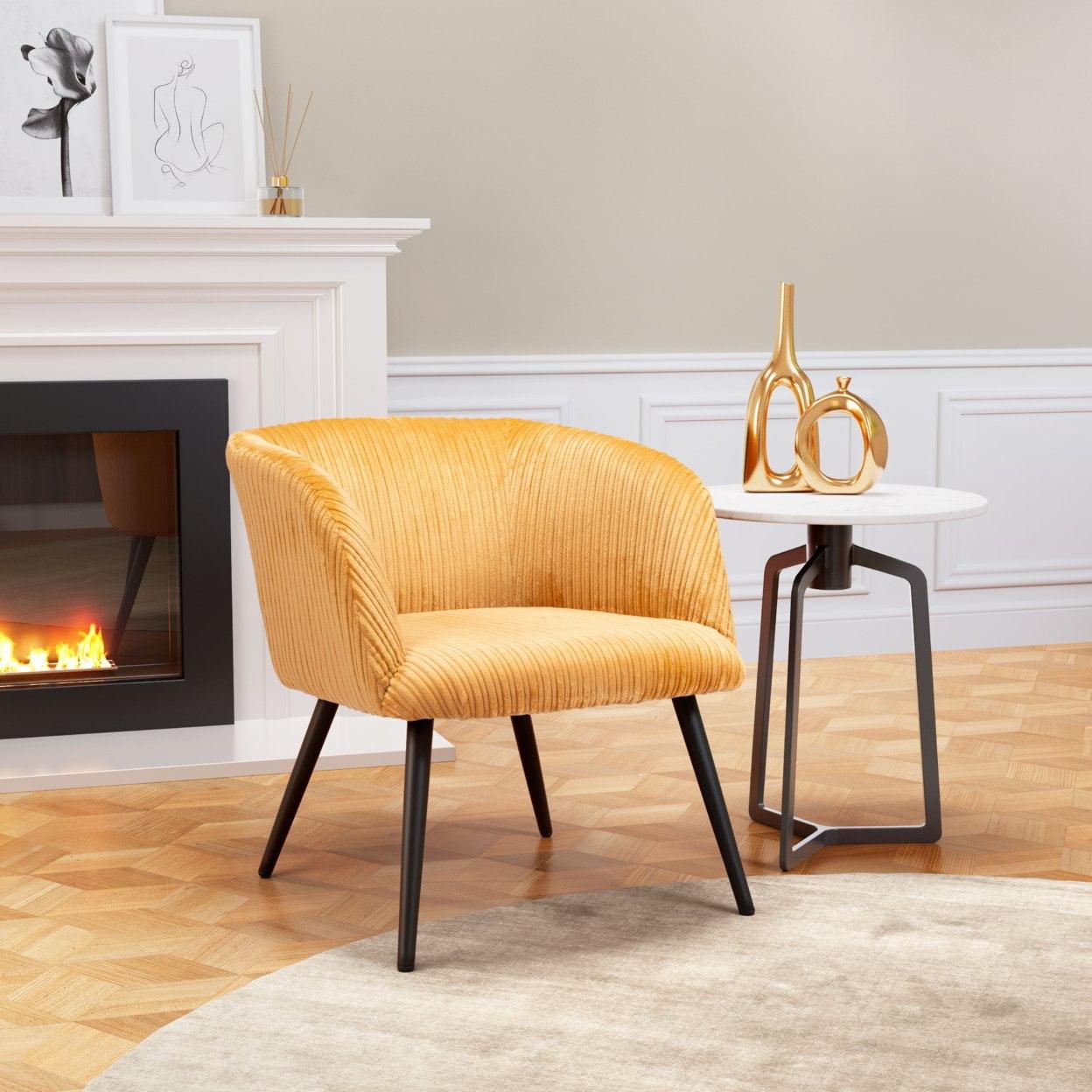 Contemporary Yellow Velvet Barrel Accent Chair with Manufactured Wood