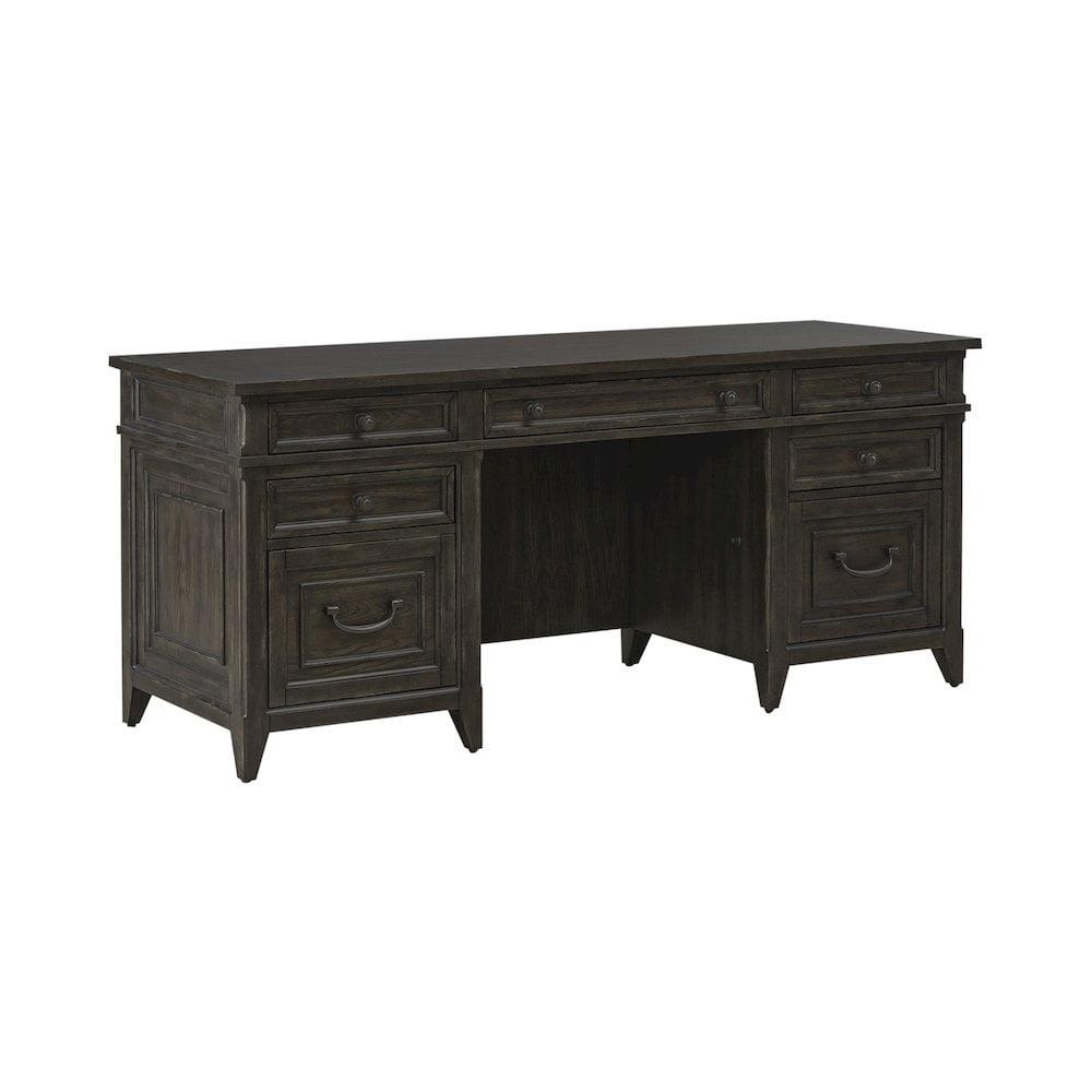 Saddle Brown Wood Executive Credenza with Drawers and Keyboard Tray