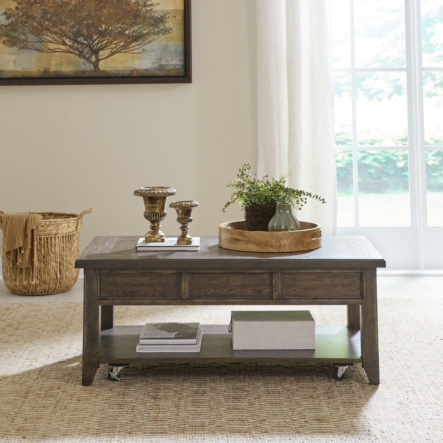 Saddle Brown Rectangular Lift-Top Coffee Table with Storage