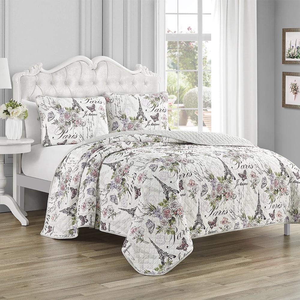 Paris Floral Gray Cotton Full Reversible Quilt Set