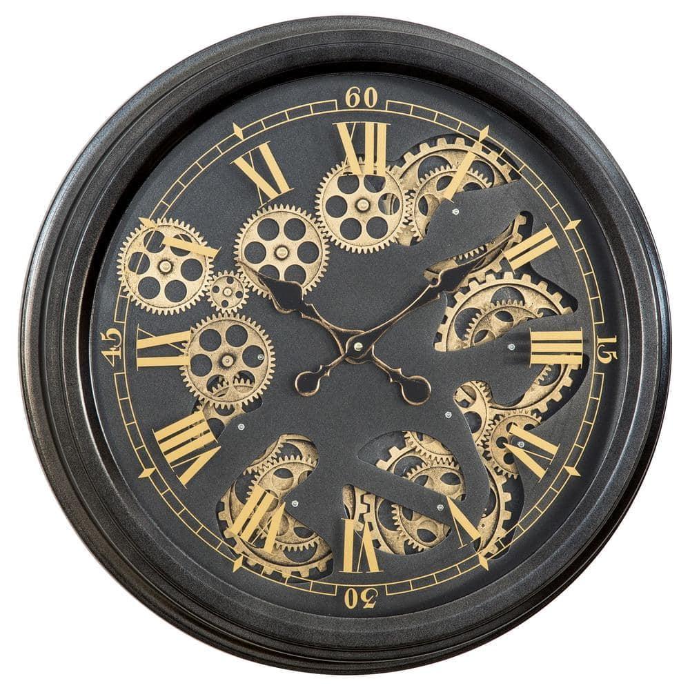 Black and Gold Metal Open Gear Wall Clock