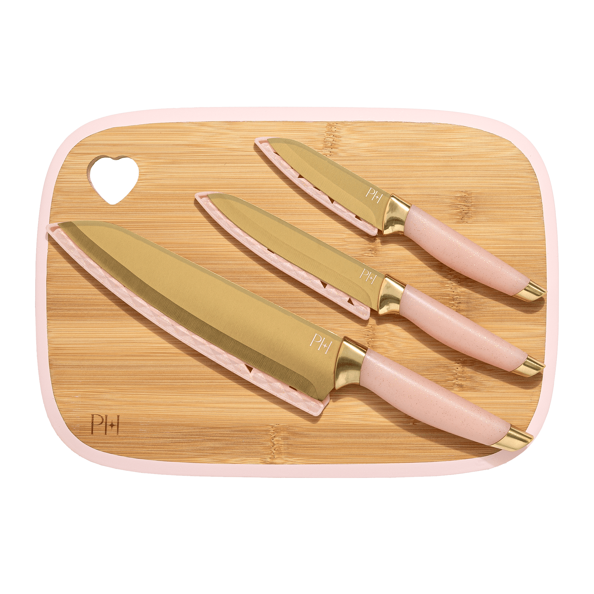 Paris Hilton 7-Piece Reversible Bamboo Heart Cutting Board and Stainless Steel Cutlery Set, Pink