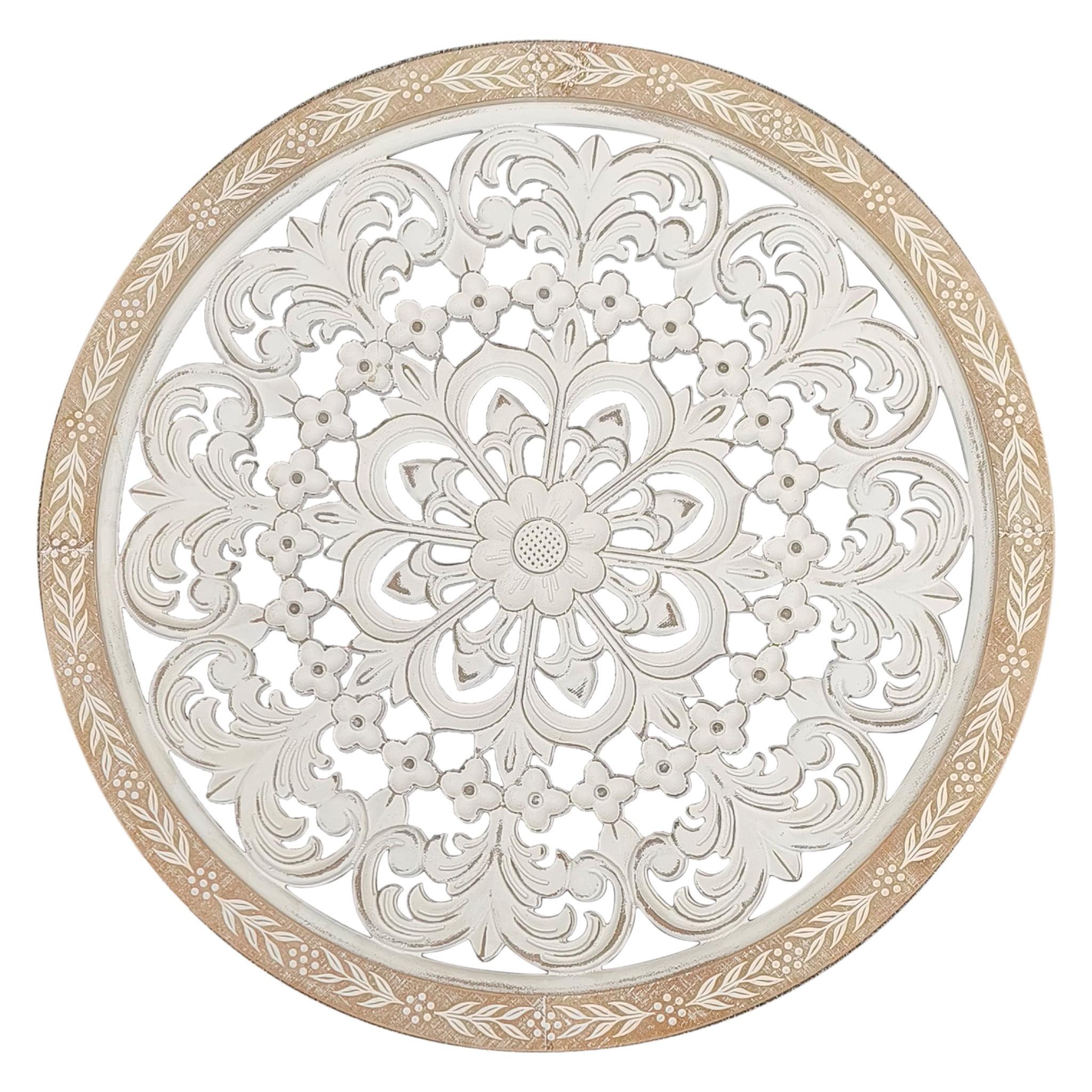 Parisloft 25 Inch Round Carved Wood Wall Decor, Natural Wood and Distressed White Finish,MDF with veneer, Farmhouse Wood Wall Decor for Living Room, Bedroom