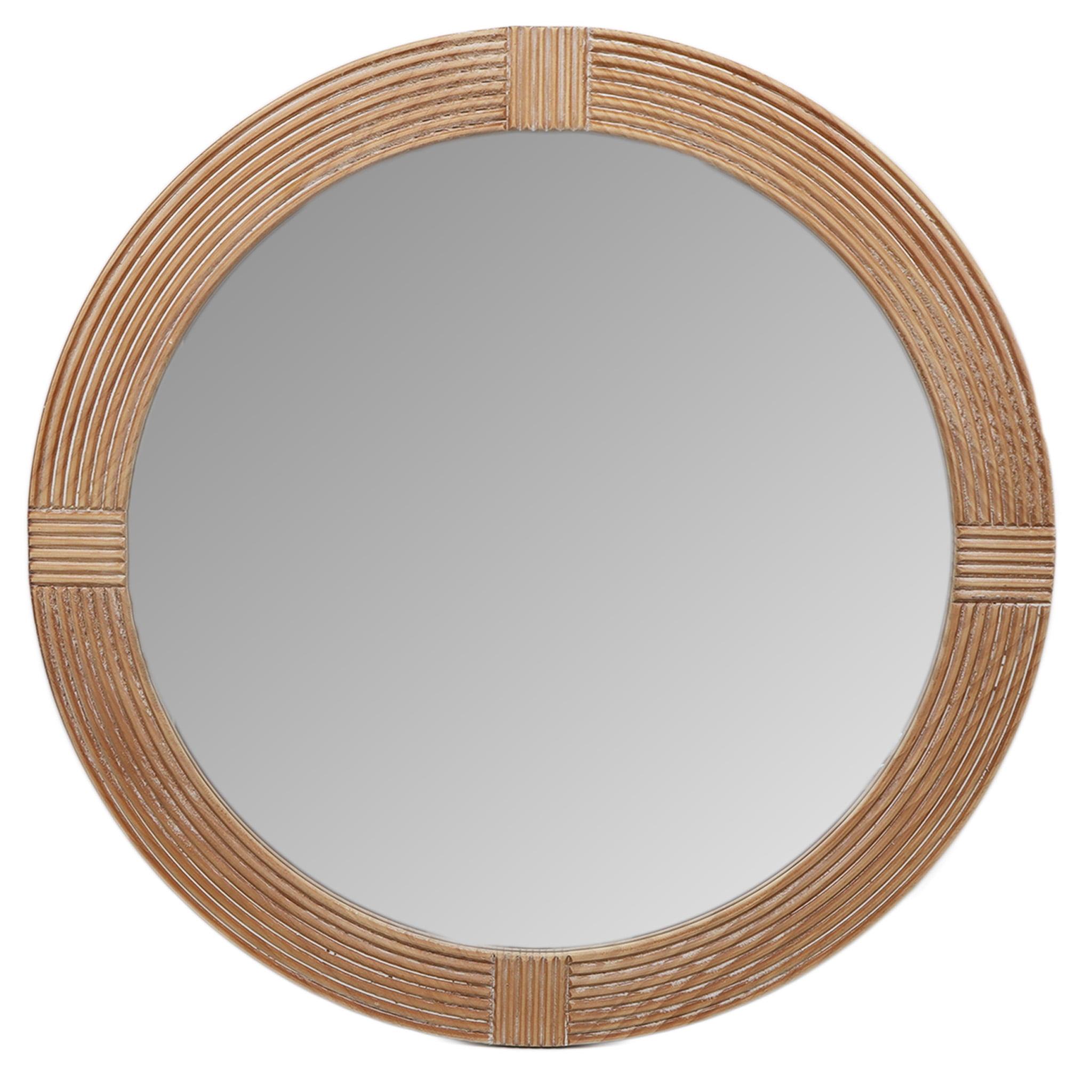 Parisloft 31.5 Inch Round Natural Wood Decorative Wall Mirror, Farmhosue Rustic Wall Mirror