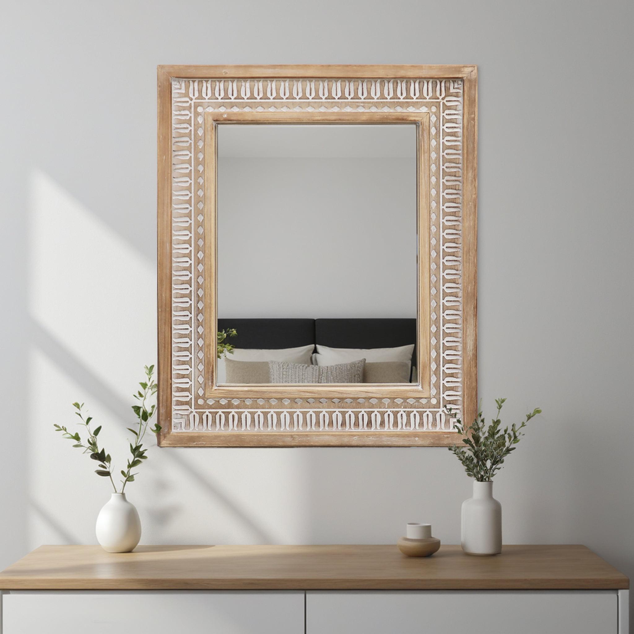 Parisloft Rectangular Carved Wood Wall Mirror - 20 x 23.6 Inches, Farmhouse Wood Mirror for Bathroom, Living Room or Bedroom, Rustic Brown and White