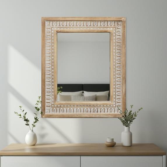Parisloft Rectangular Carved Wood Wall Mirror - 20 x 23.6 Inches, Farmhouse Wood Mirror for Bathroom, Living Room or Bedroom, Rustic Brown and White