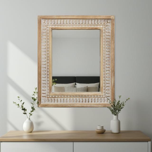 Parisloft Rectangular Carved Wood Wall Mirror - 20 x 23.6 Inches, Farmhouse Wood Mirror for Bathroom, Living Room or Bedroom, Rustic Brown and White