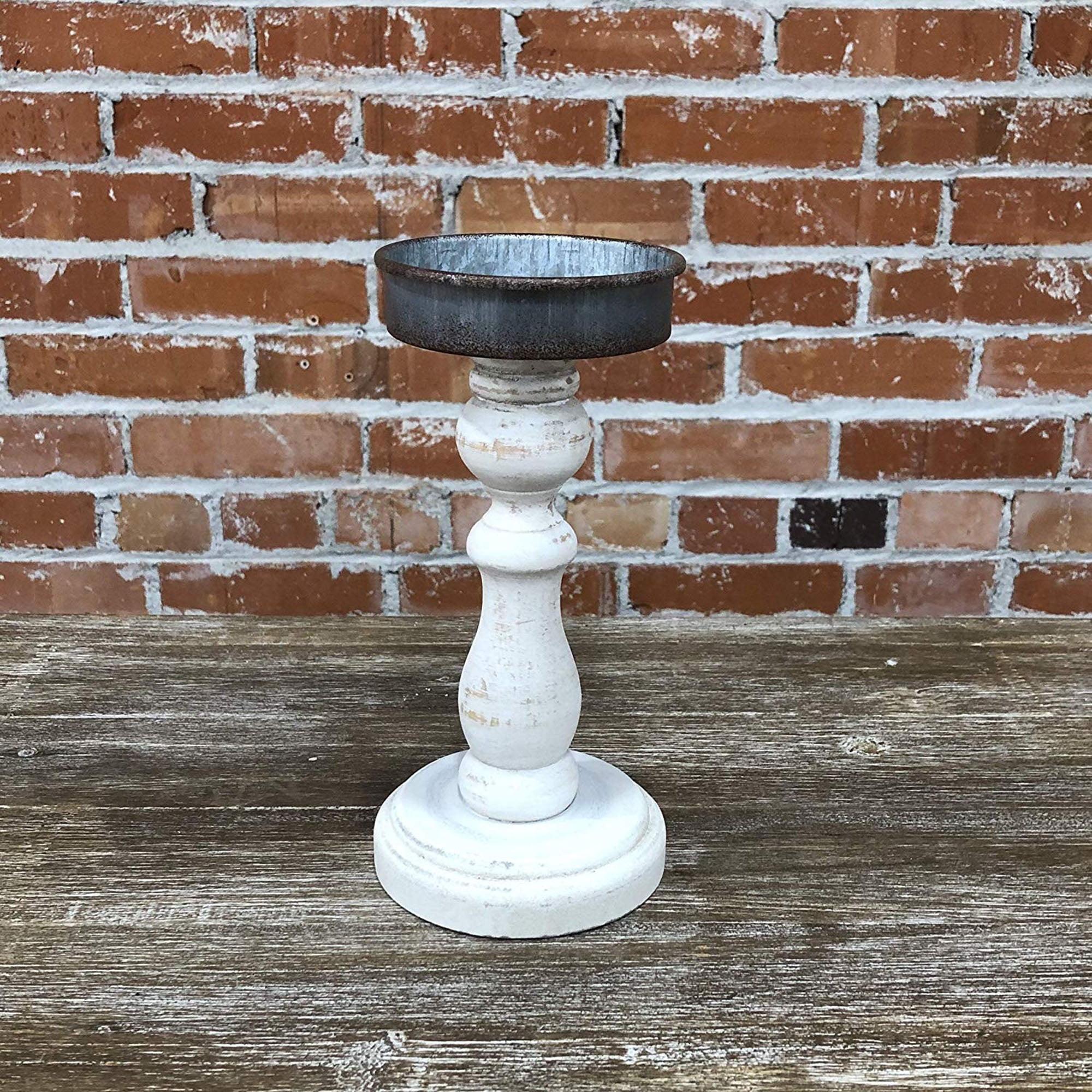 Rustic Whitewashed Wooden Tabletop Candlestick, 8.875" H