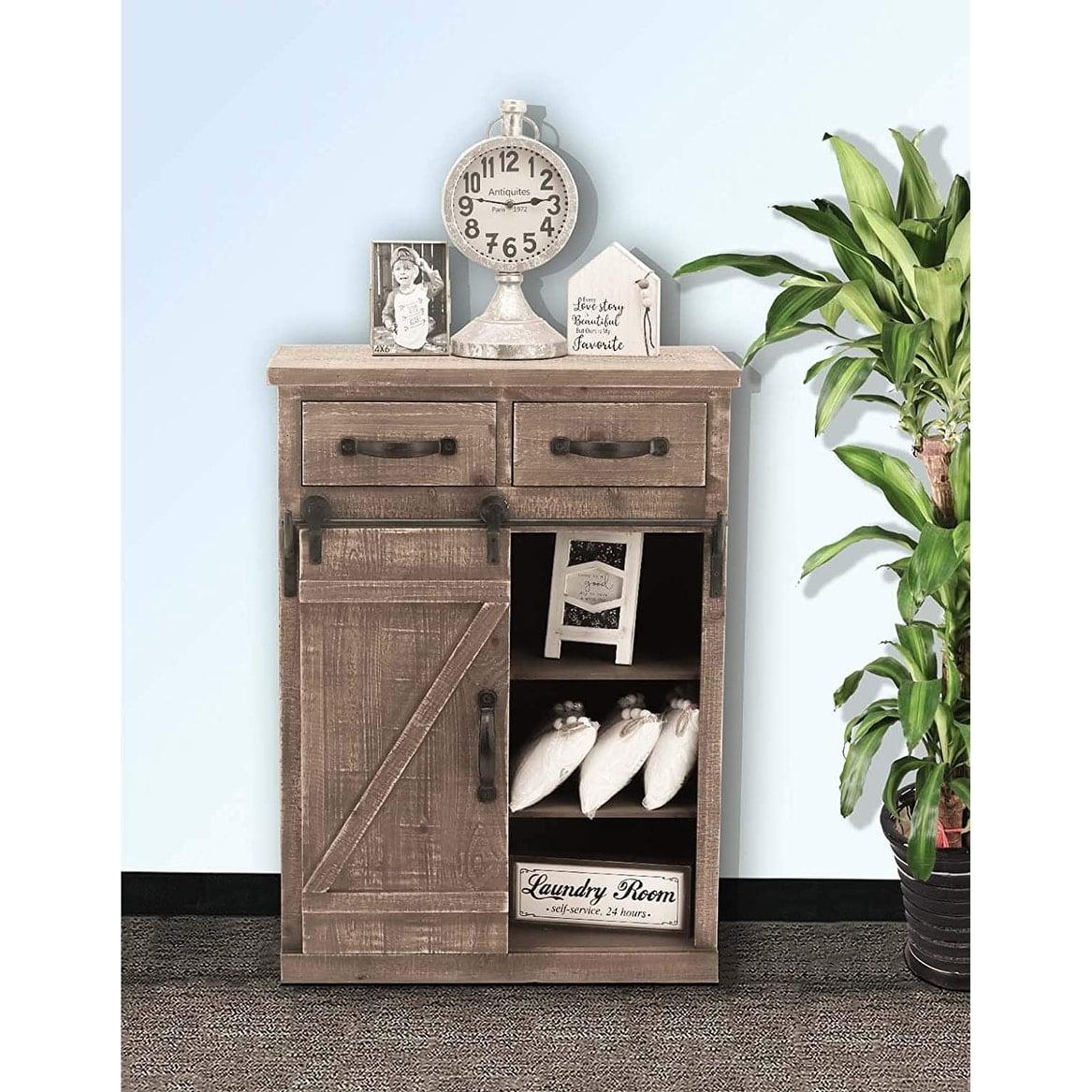 Parisloftinc Rustic Wood End Table with Sliding Barn Door Brown