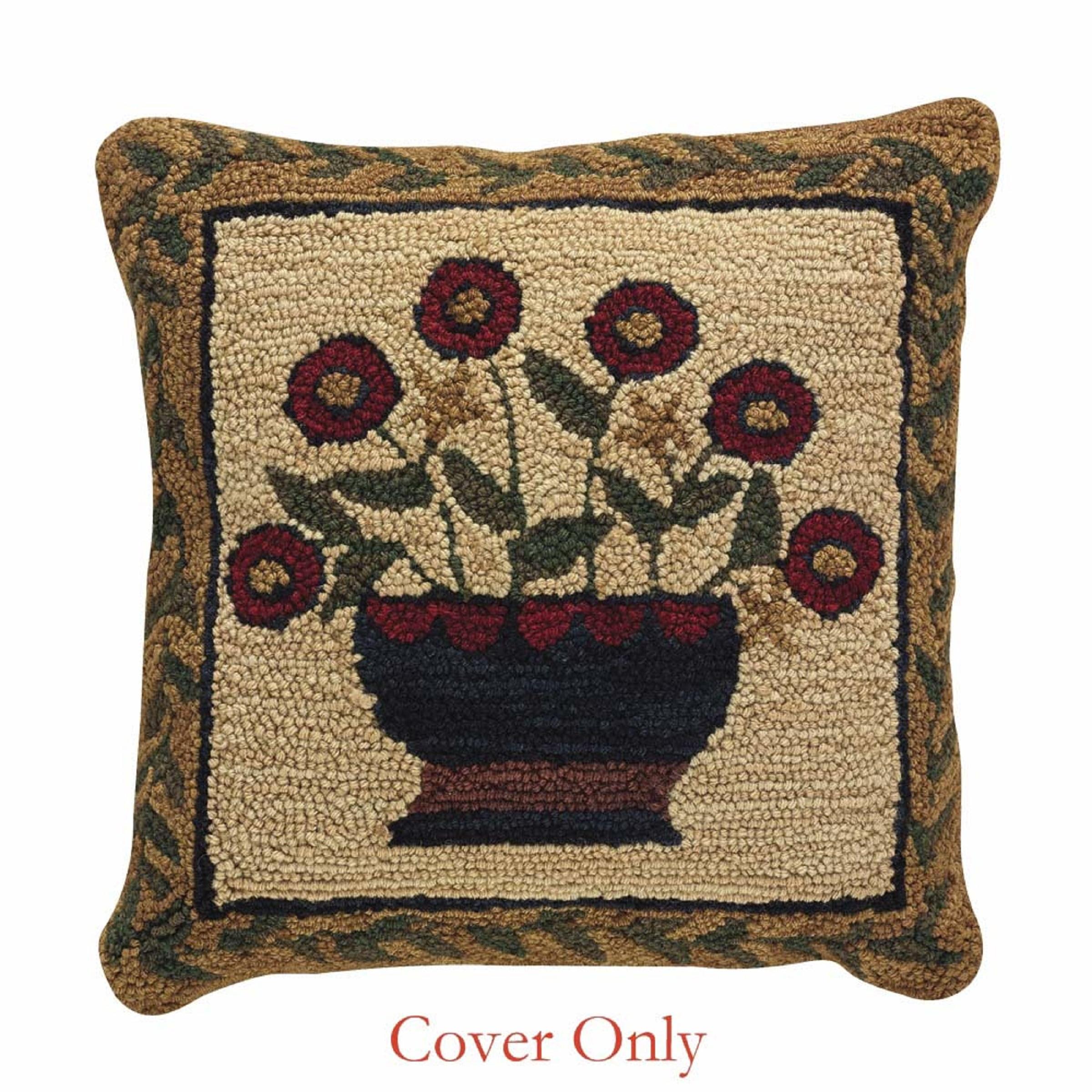 Floral Basket 14"x16" Hand-Hooked Cotton-Polyester Pillow Cover