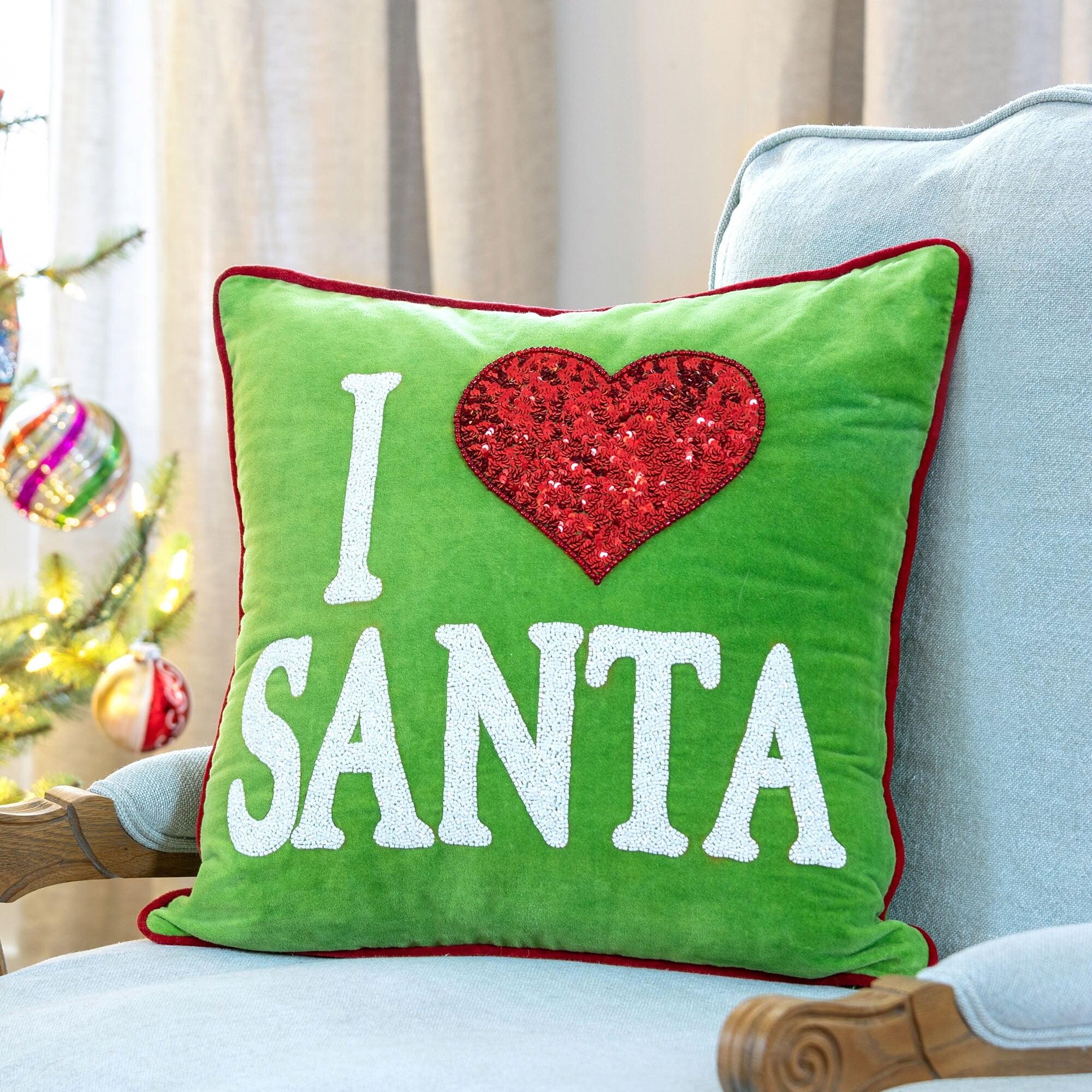 Lime Green Velvet I Love Santa Embroidered Pillow