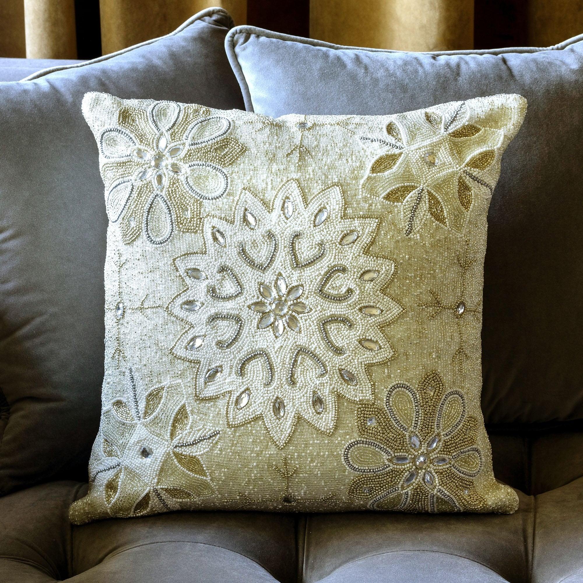 20'' Beige Embroidered Square Accent Pillow