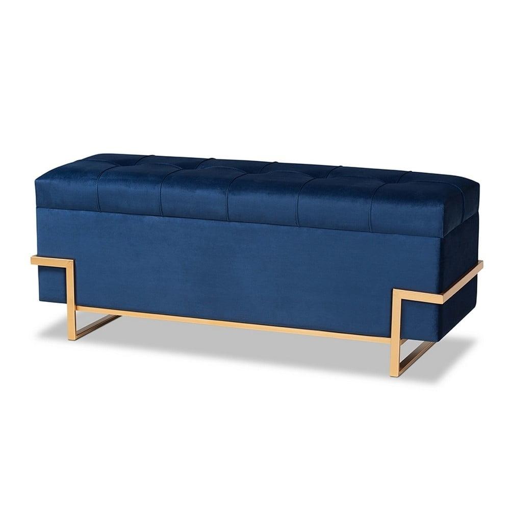 Parker Navy Blue Velvet and Gold Metal Storage Ottoman