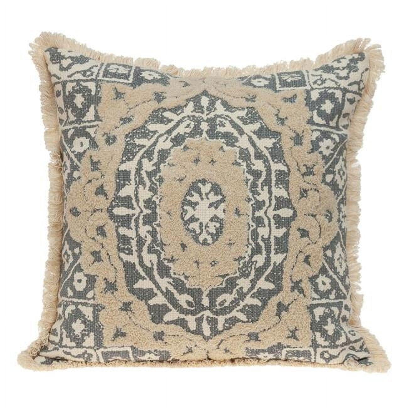 Abu Beige and Gray Embroidered Cotton Square Throw Pillow