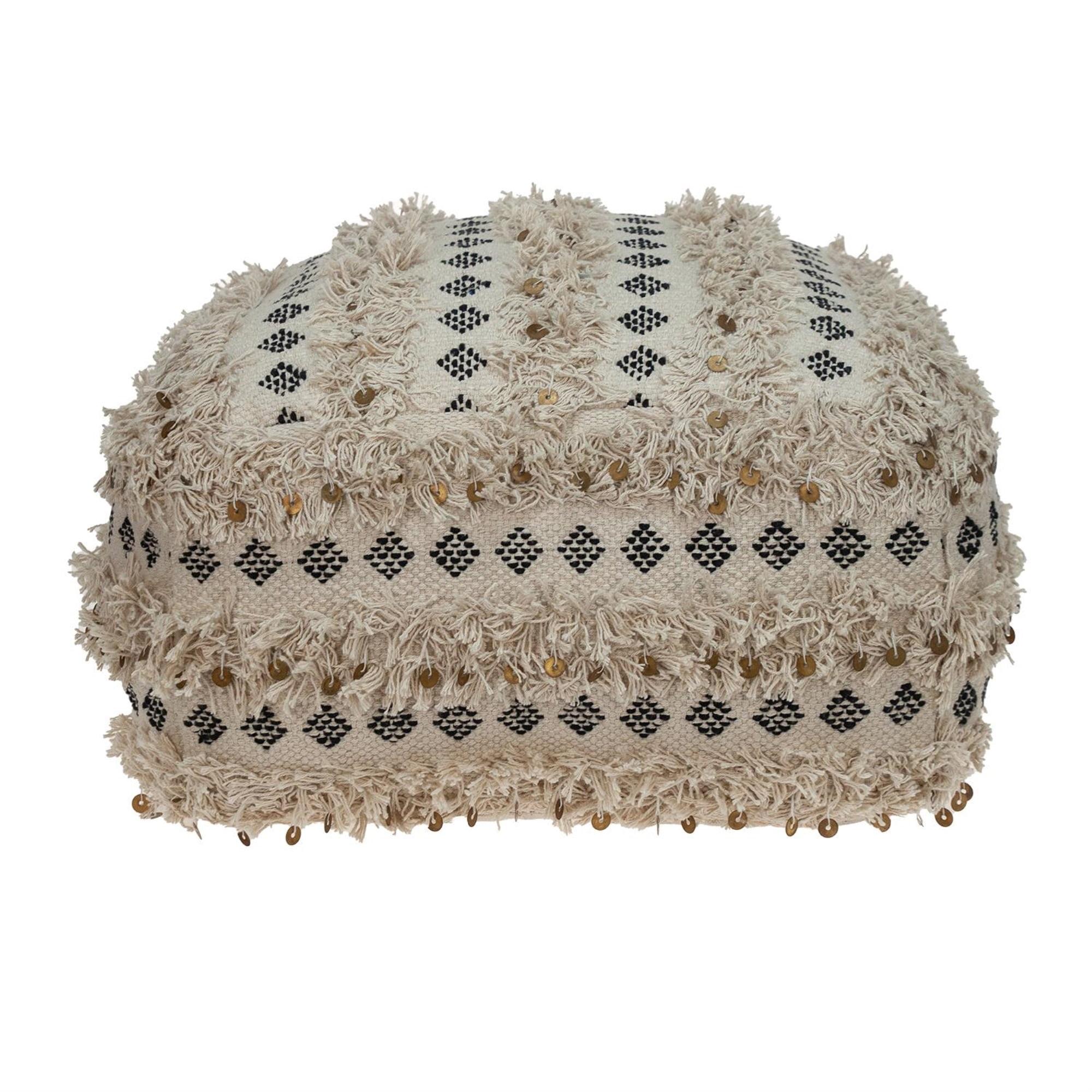 Beige Handwoven Cotton-Jute Pouf with Fringed Design