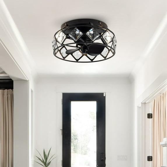 Parrot Uncle 12.2" Modern Black Fandelier 3-Light Caged Crystal Flush Mount Ceiling Fan