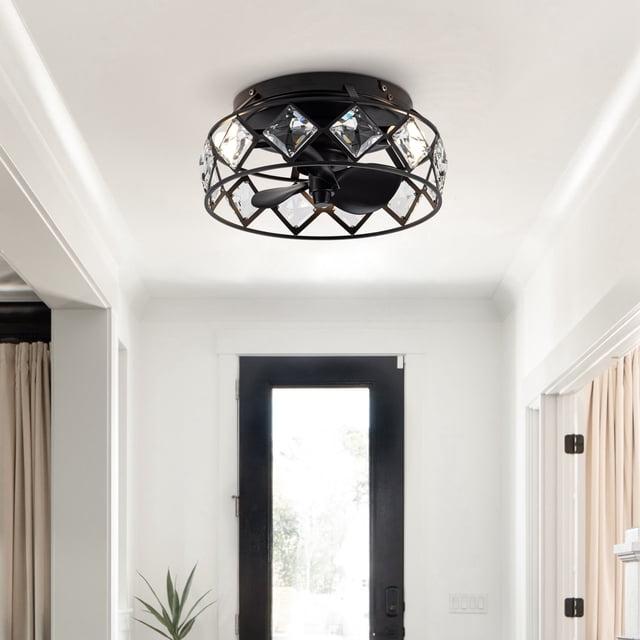 Parrot Uncle 12.2" Modern Black Fandelier 3-Light Caged Crystal Flush Mount Ceiling Fan