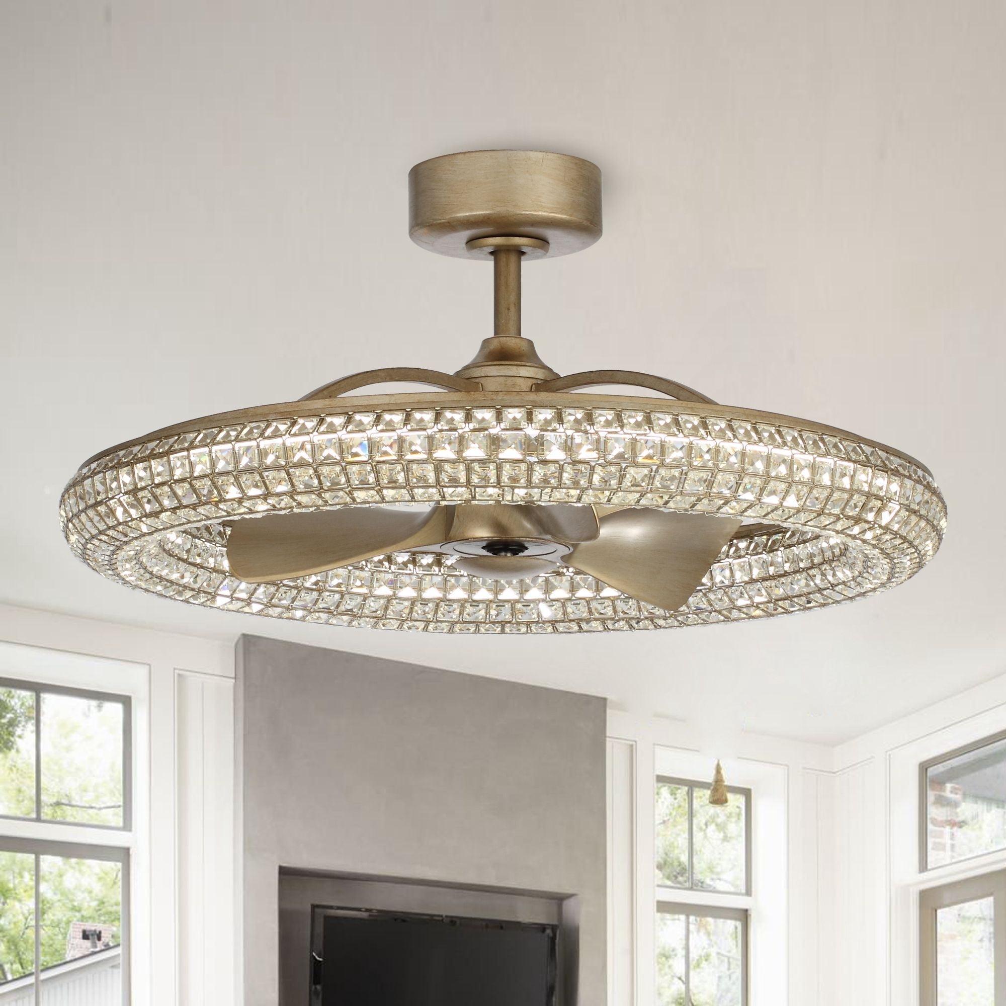 Parrot Uncle 33" Modern 3-Blade Crystal Ceiling Fan with Remote and LED Light, Gold Chandelier Ceiling Fan