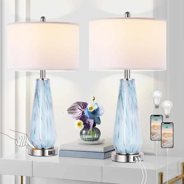 Brayden Studio® Modern Table Lamp Set Of 2 Touch Control, 27" Tall Faded Swirl Blue Gray Art Glass Bedside Lamp With USB Ports, 3-Way Dimmable Hand Crafted Nightstand Lamps White Drum Shade For Living Room, Bedroom