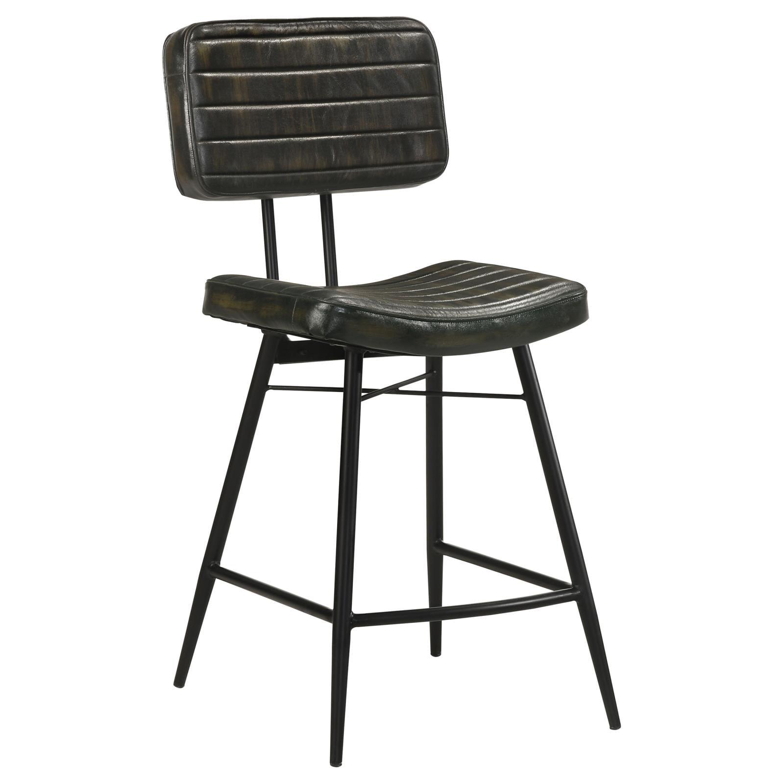 Dark Brown Leather and Wood Saddle Counter Stools, Set of 2