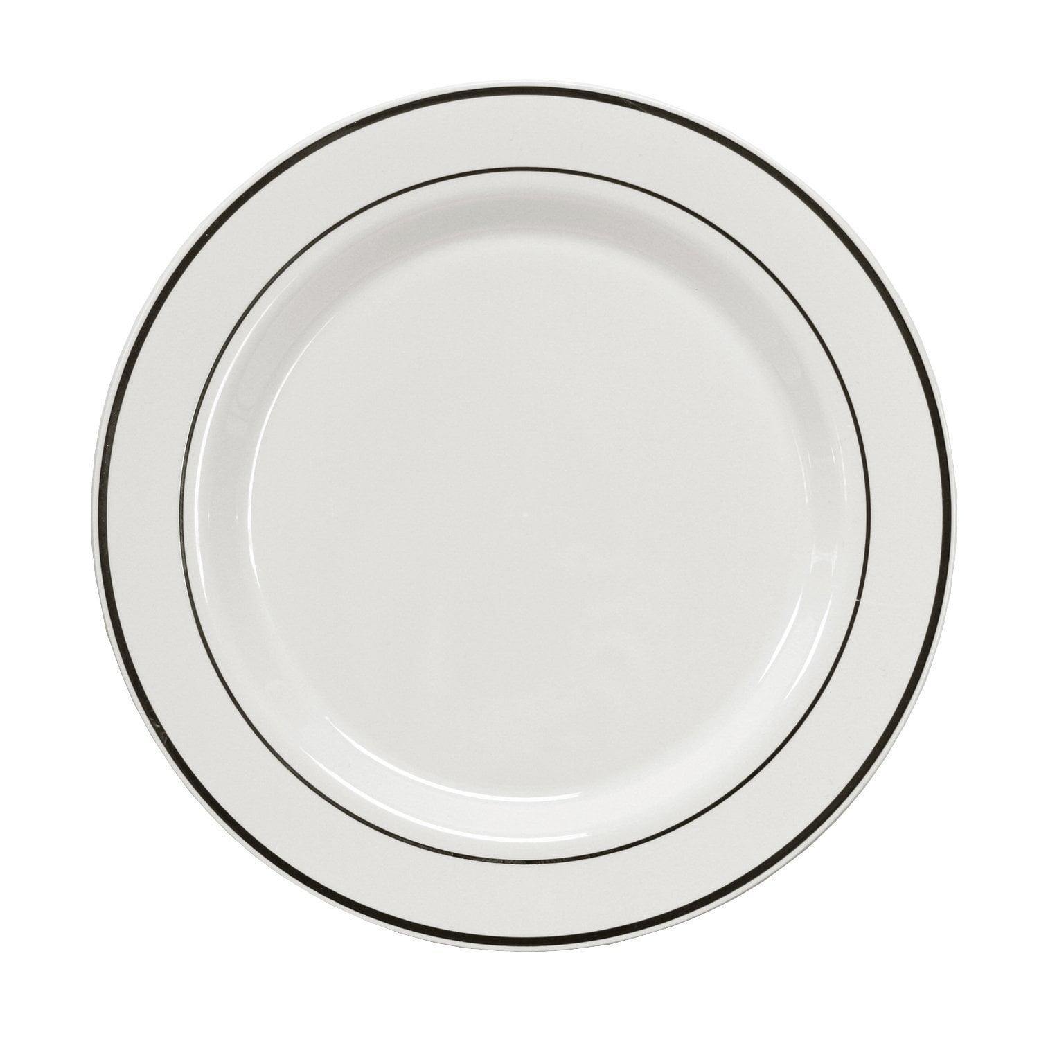 Party Essentials 12-Count Hard Plastic 9" Divine Dinnerware Disposable China Lunch/Dinner Plates, White with Silver Band