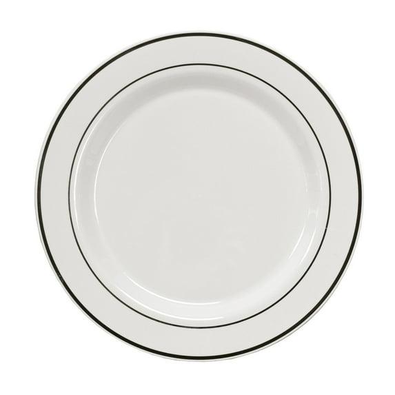 Party Essentials 12-Count Hard Plastic 9" Divine Dinnerware Disposable China Lunch/Dinner Plates, White with Silver Band