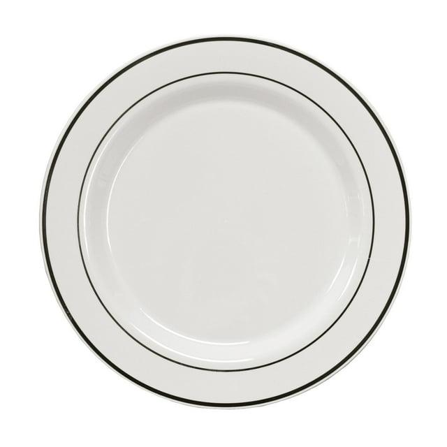 Party Essentials 12-Count Hard Plastic 9" Divine Dinnerware Disposable China Lunch/Dinner Plates, White with Silver Band