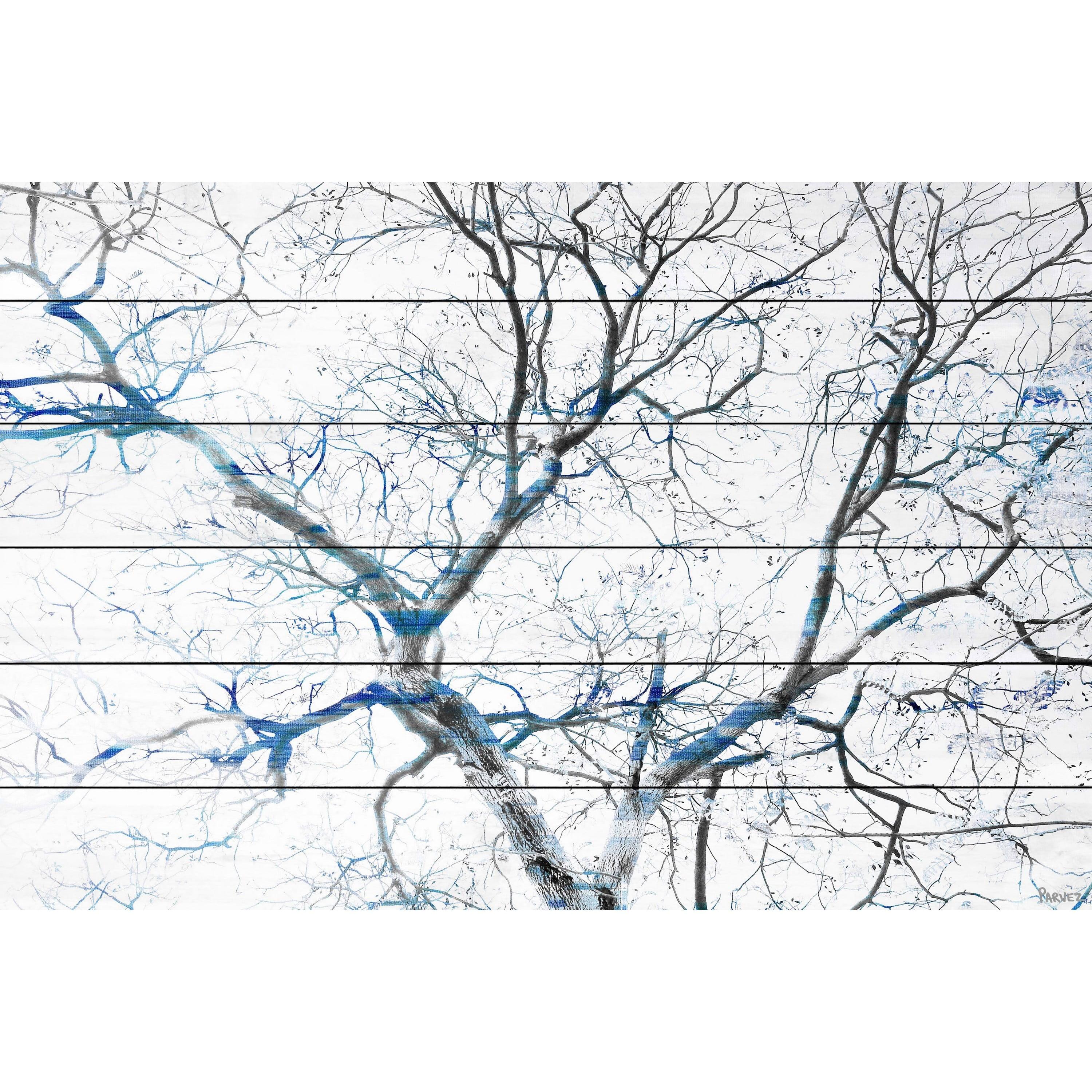 Parvez Taj  - Blue Branches Painting Print on White Wood - Multi-Color 36 x 24
