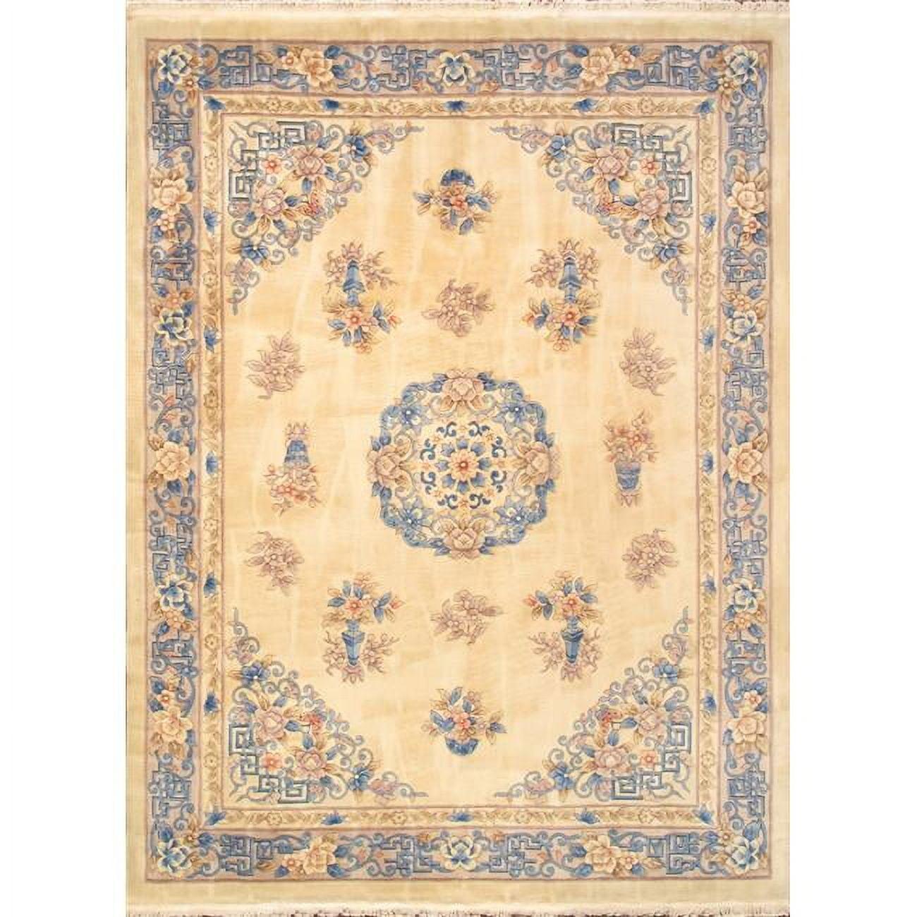 Ivory Art Deco Hand-Knotted Wool 9' x 12' Area Rug