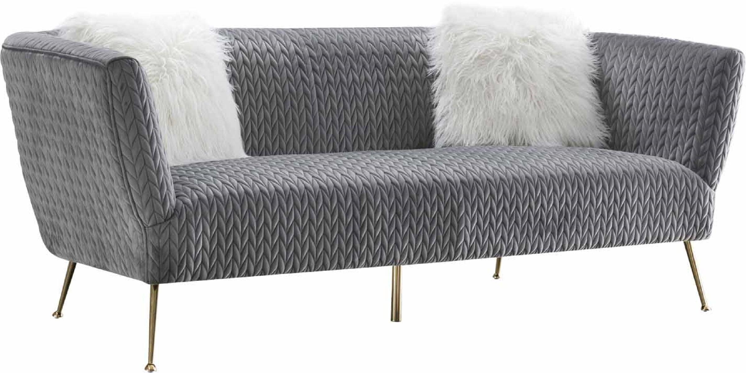 Luxurious Gray Velvet Tuxedo Arm Sofa with Shiny Gold Metal Legs