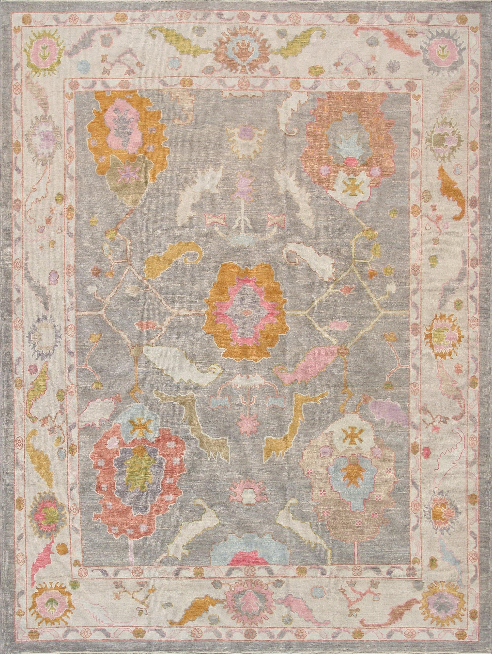 Elegant Taupe Floral Hand-Knotted Wool Rectangular Rug