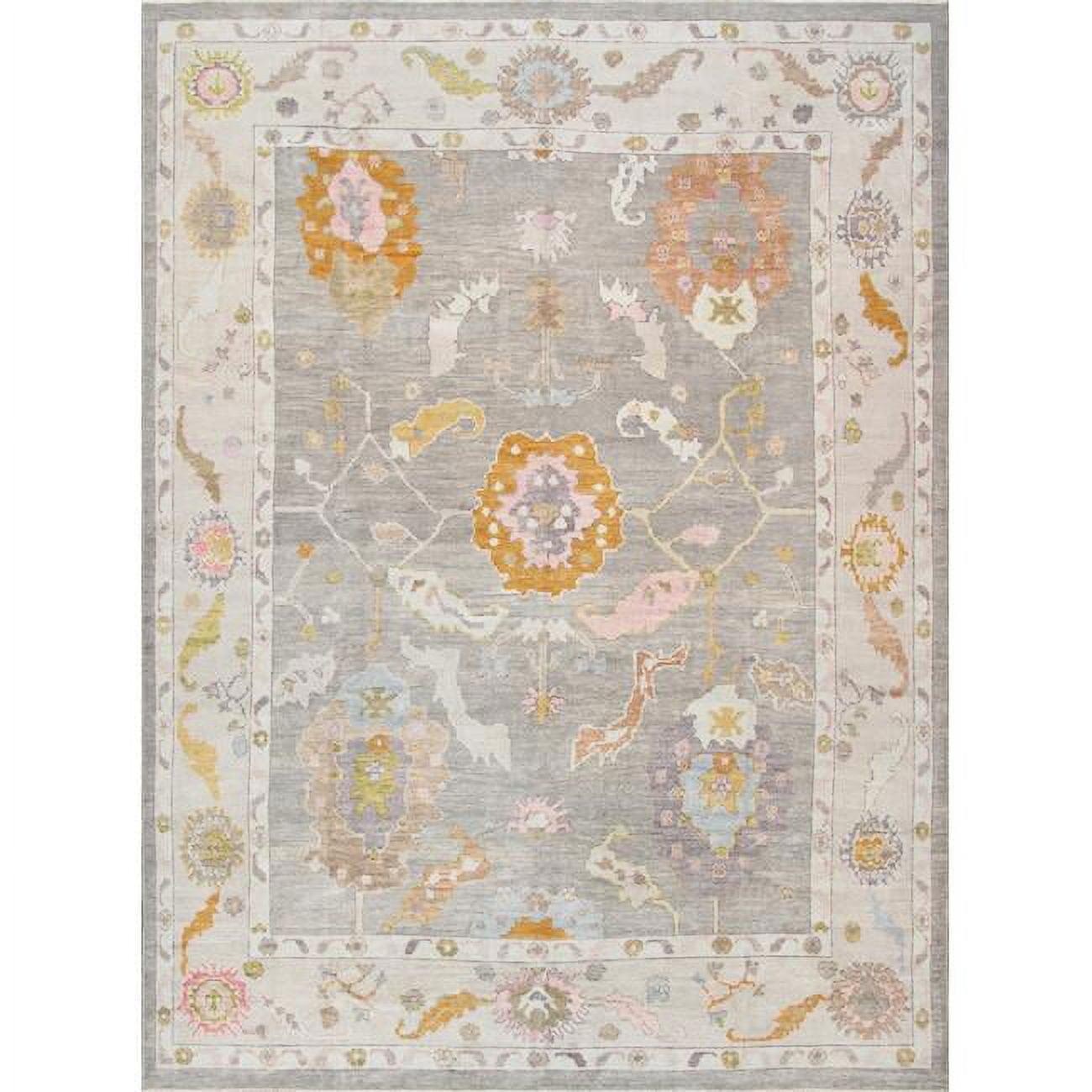 Elegant Oushak Floral Hand-Knotted Wool Rug 10' x 14' in Brown, White, and Yellow