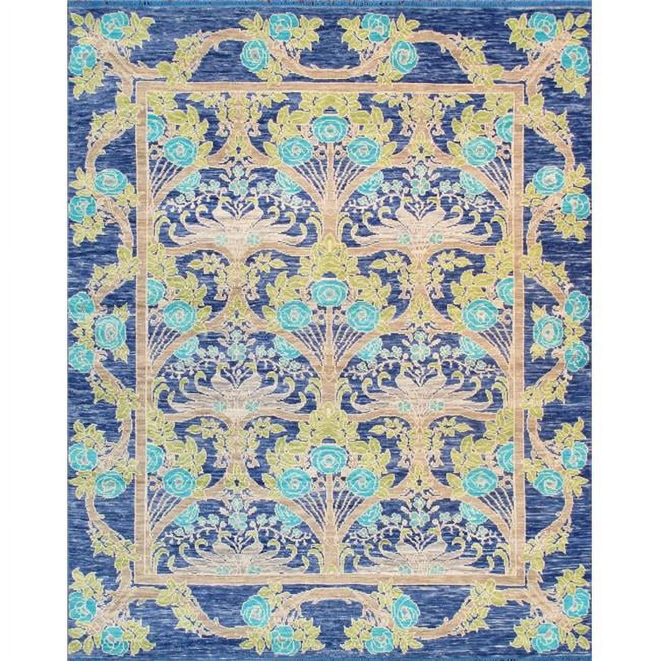 Elegant Oushak Hand-Knotted Blue Floral Wool Rug, 7'11" x 9'9"