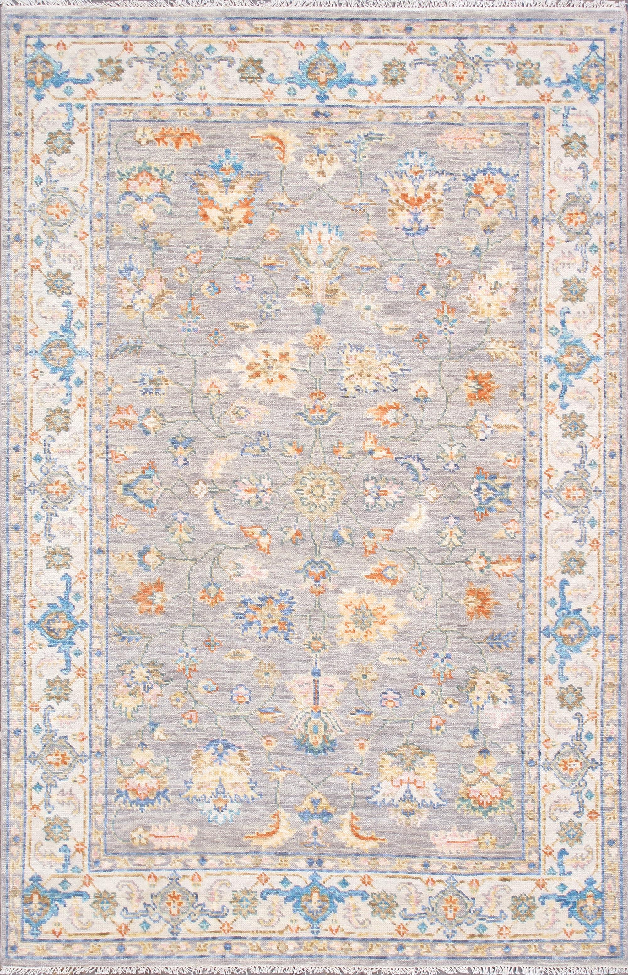 Gray Floral Hand-Knotted Wool 6' x 9' Area Rug