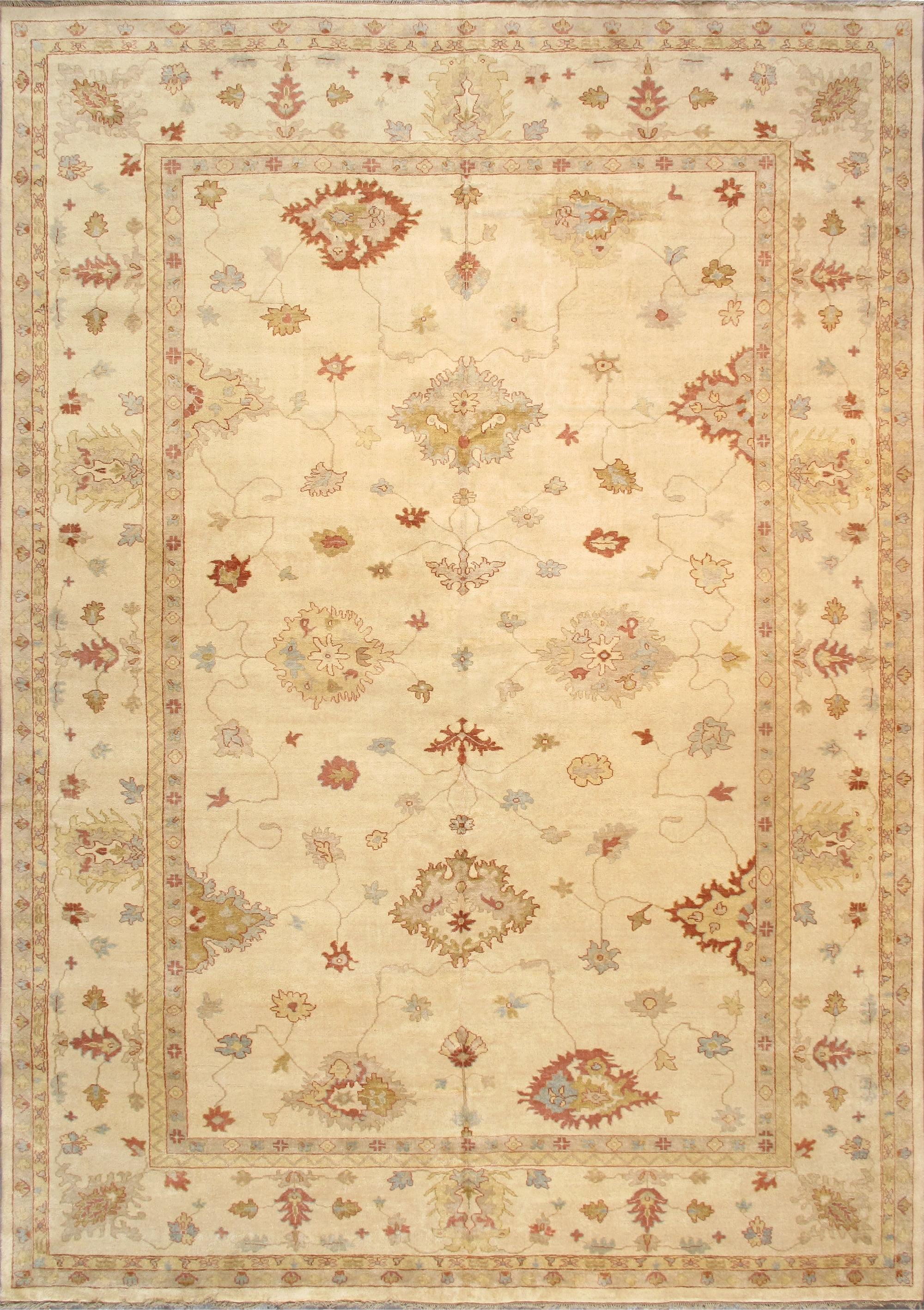 Elegant Ivory Floral Hand-Knotted Wool Rug - 12' 1" x 17' 2"