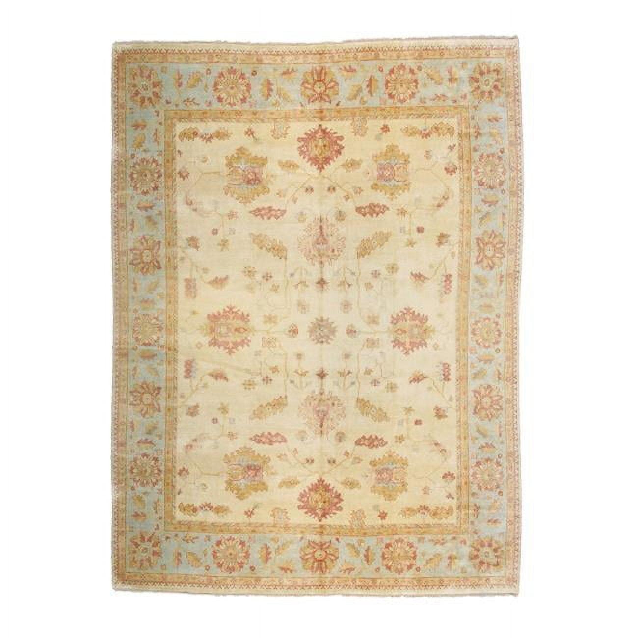 Elegant Ivory and Blue Hand-Knotted Wool Oriental Rug